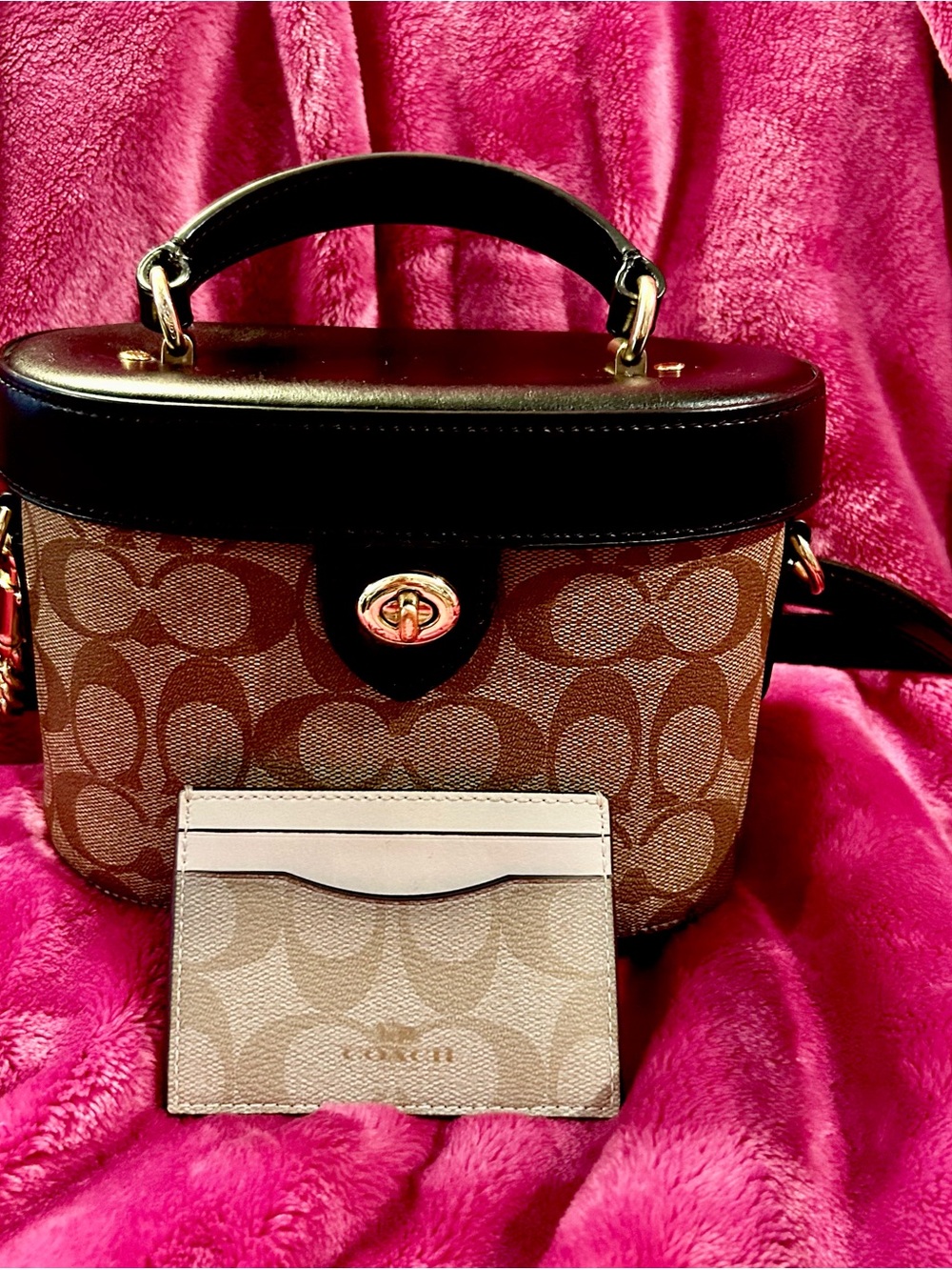 Coach Kay Brown Signature Mini Top Handle Crossbody with Black Trim